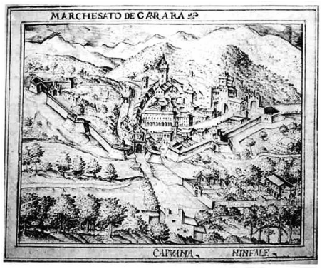 Veduta della città di Carrara (Marchesato di Carrara) in un disegno seicentesco (1520), conservato presso l'Archivio di Stato di Massa  View of Carrara, a painting. Anonimous, 17 th, A.S. MS